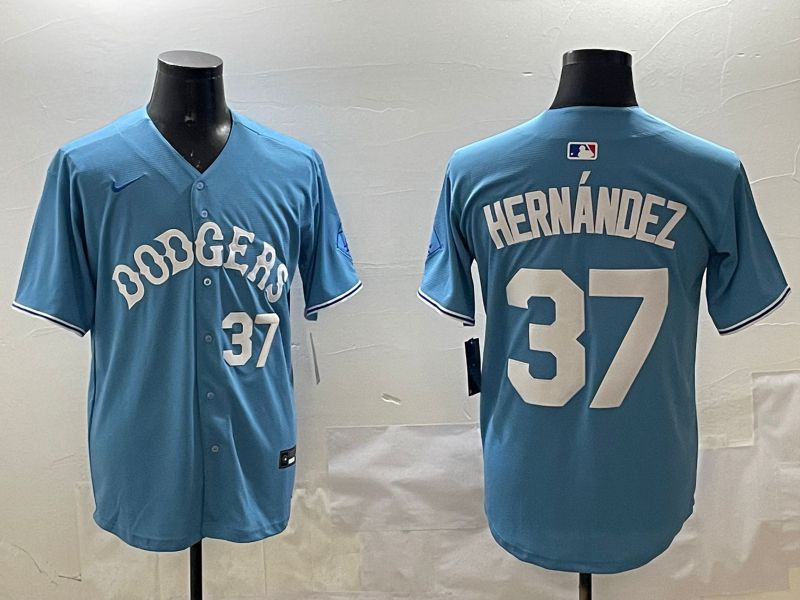 Men Los Angeles Dodgers 37 Hernandez Light Blue Joint Name 2025 Nike MLB Jersey style 21